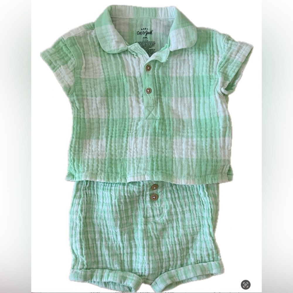 Cat & Jack Baby Boys' Gauze Top & Bottom Set Mint, 6-9 months, EUC